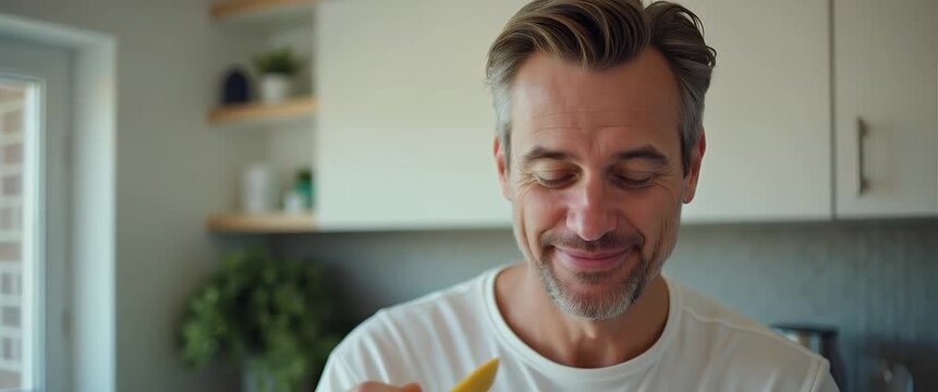 Bright kitchen scene with father tasting breakfast cereal while speaking to camera in ad with dad at home lifestyle format in  Photo Stock  Concept  and empty space on the left side