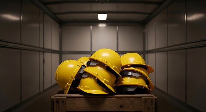 A stack of bright yellow safety hard hats resting inside the empty cargo bay of a delivery truck