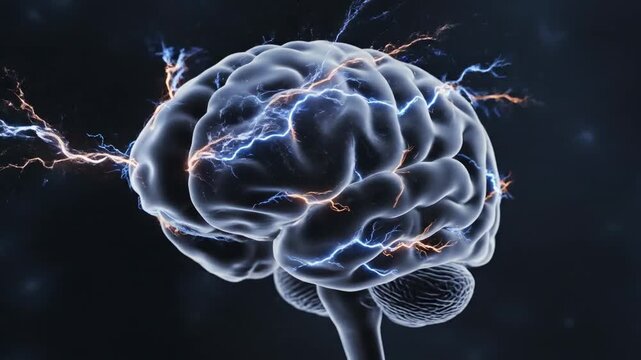 Conceptual 3d illustration of human brain activity with electrical neural impulses and lightning sparks.