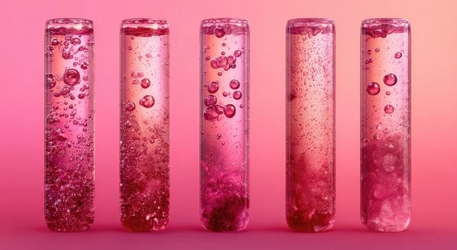 Five test tubes show pink liquid with bubbles and particles