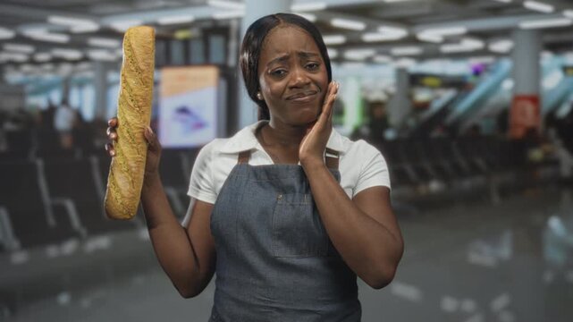 Woman baker in apron holds baguette, touches cheek with a wince in airport terminal; concern quality.