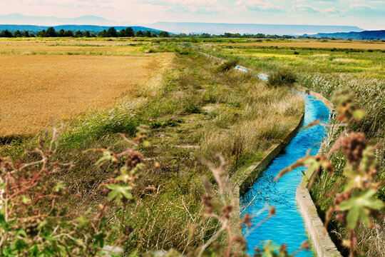 Paisaje agr&iacute;cola que resalta el agua de riego, el crecimiento de los cultivos, la productividad rural y la gesti&oacute;n sostenible de la tierra bajo luz natural. Un canal de riego atraviesa tierras.