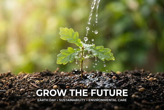 Grow the future earth day planting a small oak sapling watering young green plant symbolizing environmental care for world growth