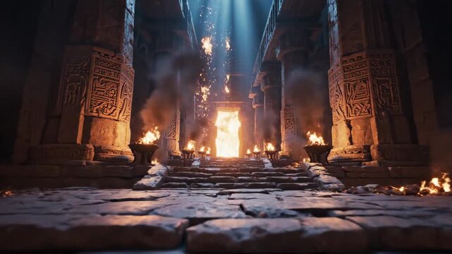 Ancient stone temple interior with burning torches and mystical light beam hitting an altar.