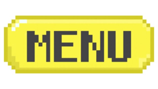 Vibrant yellow pixelated 'MENU' button, a retro-inspired graphic element perfect for vintage video game interfaces, digital applications, or web design navigation