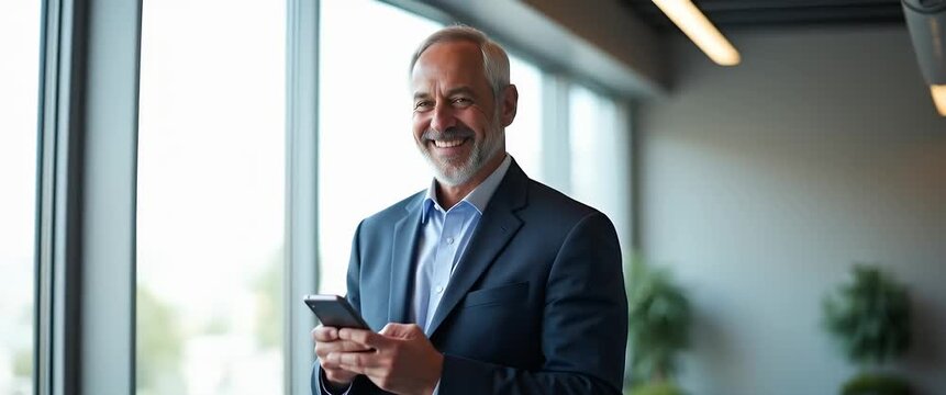 Happy mature business man investor wearing suit standing in office using mobile phone 50 year old smiling businessman professional holding smartphone looking at camera at work portrait copy space. con