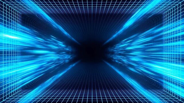 Blue glowing grid cube in futuristic abstract space