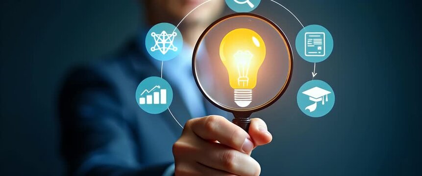 Hand using holographic magnifying glass focusing on light bulb with education symbols symbolizing educational growth and goal achievement in e learning in empty space concept as Hand uses holographic 