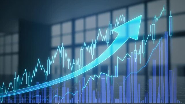 A digital chart with rising bars and a bold upward arrow glows in blue, symbolizing progress, economic growth, and successful financial performance.