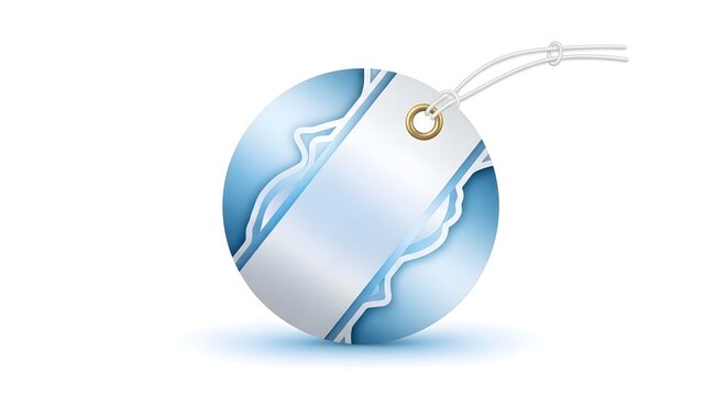 Circular decorative gift tag with blue and white layered abstract design and string for Ramadan Eid celebration gift packaging and festive occasions.