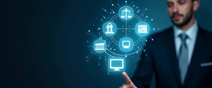 Man touches holographic icons of justice AI copyright and regulations on digital interface symbolizing intersection of law and artificial intelligence in empty space concept as Man touches holographic