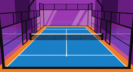 Fototapeta premium An illustration of a blue padel tennis court with orange borders and black fencing.