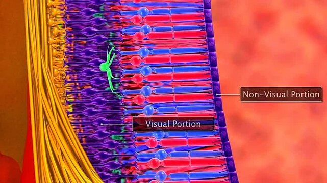 3D animation showing anatomy of human retina with layers, rods, cones, and visual processing.