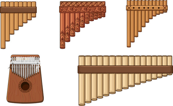 Pan Flute Instrument Set with Wooden Pipes, Traditional Andean Music, Folk Wind Instruments, Cultural Sound Tools, and Acoustic Musical Illustration Collection