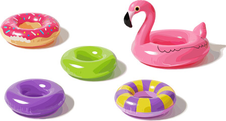 Inflatable Pool Float Vector Set, Donut, Flamingo, and Colorful Rings, Summer Fun, Water Play, and Vacation Icons for Pool, Beach, and Leisure Designs © MdMunzurul