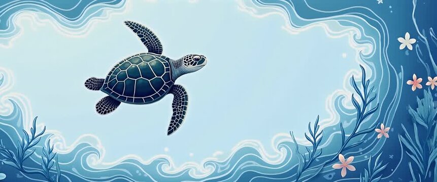 Sea turtle and ocean waves border frame with copy space for World Wildlife Day marine protection concept as Sea turtle and ocean waves elements forming a border with copy space for marine protection o