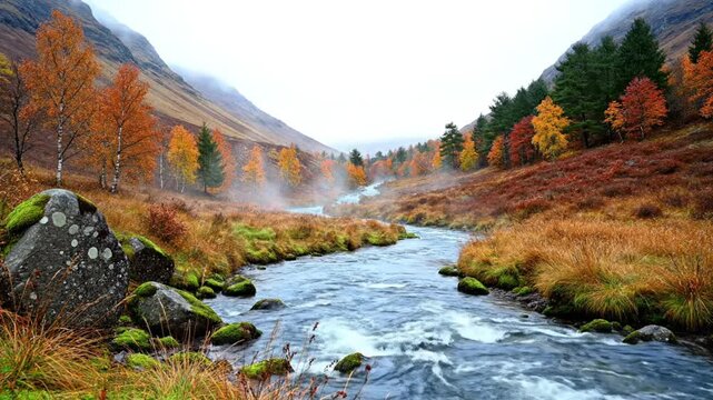 Scenic River Flows Through Valley Surrounded by Colorful Autumn Trees and Misty Mountains in Nature