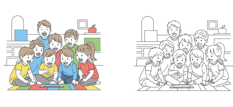 Group of Happy Children Looking at Tablet Coloring Page for Kids, Preschool Educational Activity Sheet with Colored Example of Kids Using Technology Vector Illustration