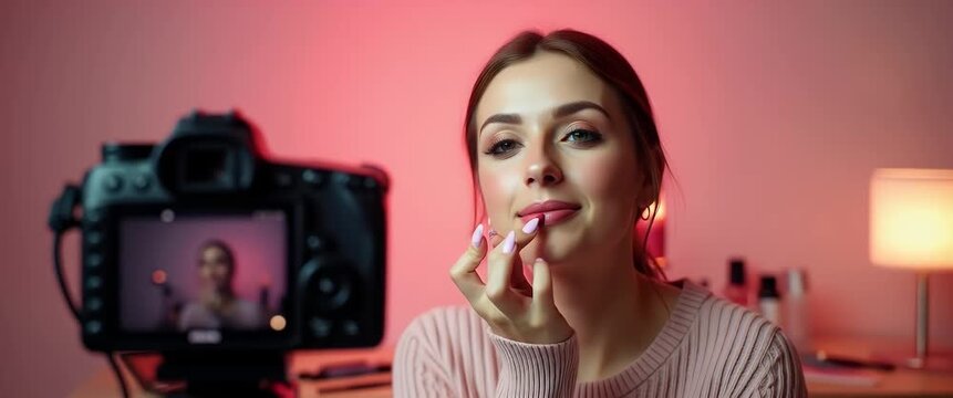 Photo realistic as Makeup Influencer with Blush and Camera in Studio concept as Long shot of a makeup influencer applying blush in front of a camera in a studio. The background features studio lightin