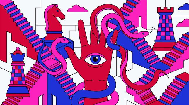 Floating Hand With Eye And Snake Fingers Chess Maze Pop Surrealism Flat Illustration With Bold Outlines