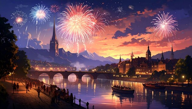 Digital painting of a night sky ablaze with fireworks over a European city with a river and a celebratory crowd