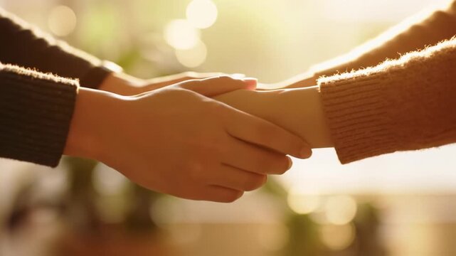 Clean, well-groomed hands gently cupped, then enveloped by a second pair, bathed in warm, soft golden hour light with dreamy bokeh background. A slow push-in video conveying profound security and