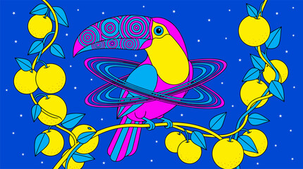 Obraz premium Tropical Toucan with Geometric Fruit and Concentric Rings Pop Surrealism Flat Illustration with Bold Outlines