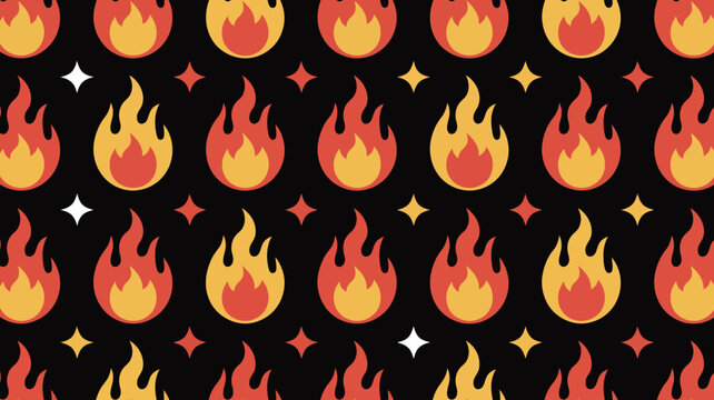 A seamless pattern features vibrant flames and scattered stars against a stark black background creating a bold and dynamic design high quality professional detailed modern elegant