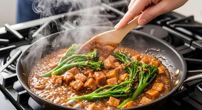 Hand stirring tempeh and broccolini stir fry in pan
