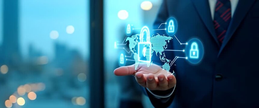 Businesspeople protecting personal information with global network security technology featuring encryption and padlock icons on virtual interface illustrating cybersecurity concept concept as Busines