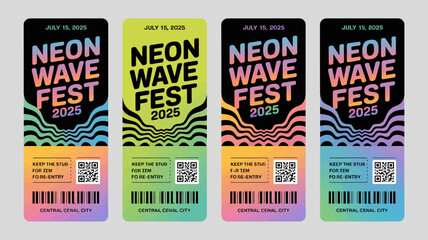 Four vibrant ticket designs announce the neon wave fest in 2025 featuring bold typography and dynamic wavy graphics with qr codes high quality professional detailed modern © Nargis