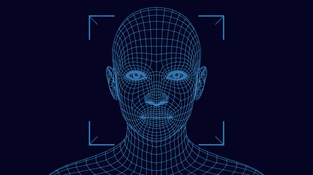 A futuristic depiction showcases a human face constructed from glowing blue wireframe lines framed by a rectangular detection grid high quality professional detailed modern elegant stylish