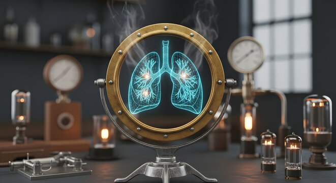 Holographic blue lungs in steampunk brass frame with laboratory equipment