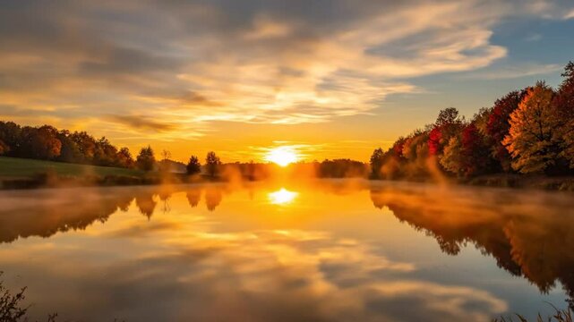 Stunning sunrise over misty lake with trees and vibrant colors reflecting in the water