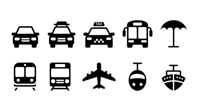 A collection of black silhouette icons depicts various modes of transportation including cars buses trains planes and boats high quality professional detailed modern elegant stylish clean