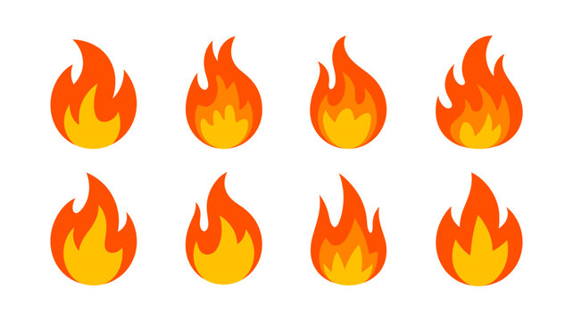 A collection of eight cartoon style fire icons is displayed against a stark white backdrop showcasing vibrant orange and yellow hues high quality professional detailed modern