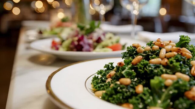 Fresh kale salad with toasted pine nuts served on a white plate in a luxury restaurant setting.