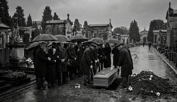 Somber funeral procession in a rainy cemetery, with mourners carrying umbrellas and lowering a coffin.