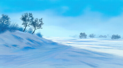 Obraz premium A winter landscape showcasing a snow-covered hill and scattered trees under a serene, cloudy sky. It presents a calming and serene vista.