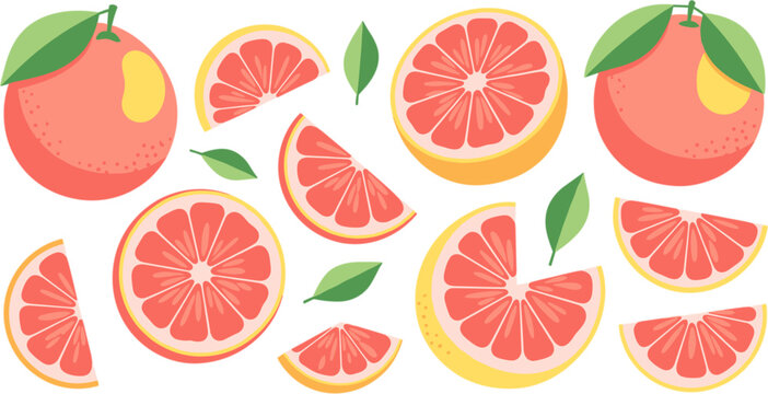Grapefruit Icon Set Featuring Whole and Sliced Grapefruit with Pink Flesh for Food, Tropical, and Healthy Lifestyle Designs