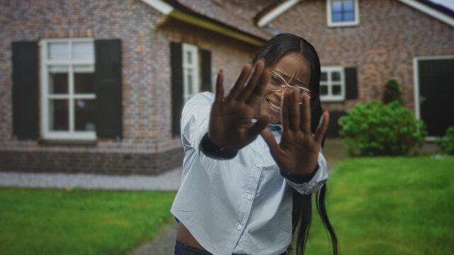 Woman holds up palms to block camera, hands splayed shielding face in front of building with brick facade, window and lawn; privacy.