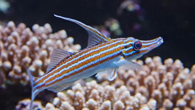 Close up of a striped tropical fish swimming in a coral reef aquarium environment.