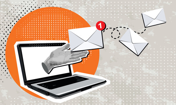 Retro Halftone Collage Laptop and envelope e-mail list building illustration. Vintage halftone dotted effect retro collage cut-out element. Modern photo collage