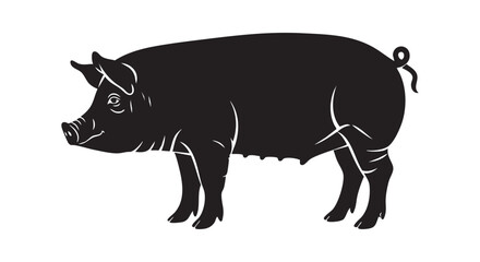 Fototapeta premium Detailed black silhouette of a pig standing in profile view, showcasing farm animal illustration.