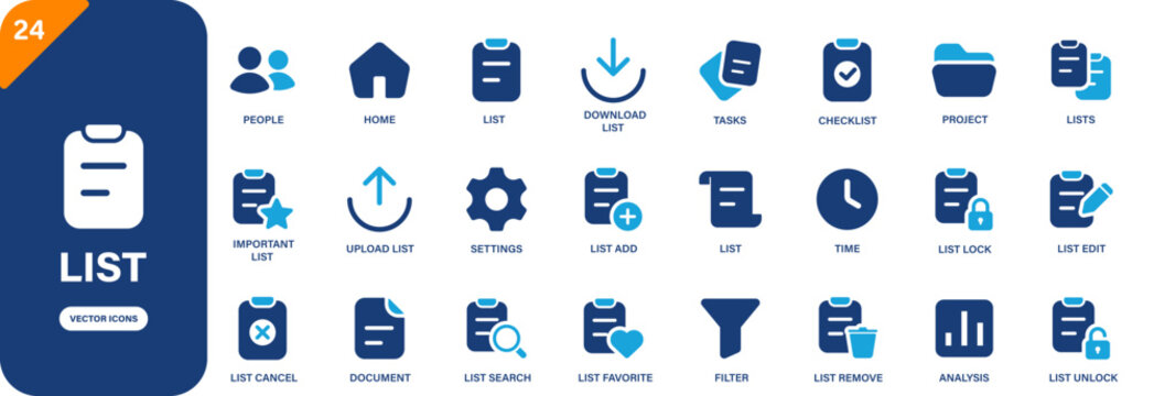 List icon collection featuring checklist, list edit, list add and people symbols. Solid vector icons.
