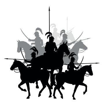 Silhouette of Cavalry Soldiers on Horseback with Swords and Spears.