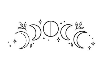 Lunar phases graphic showing crescent to full, stars and botanical accents, boho astrology motif for ritual charts, mystical tattoo layout, astrologer sketching cosmic timeline, serene celestial © Yanka