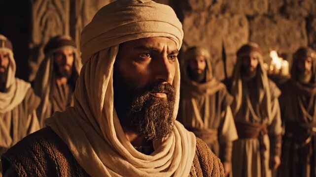 Ancient middle eastern warrior leader standing with his army in a stone fortress at night.