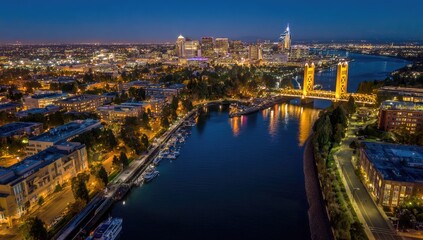 Obraz premium Aerial view of a city skyline and river at twilight