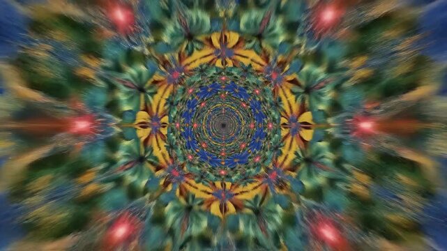 Abstract psychedelic kaleidoscope pattern with vibrant blue and green floral symmetry.